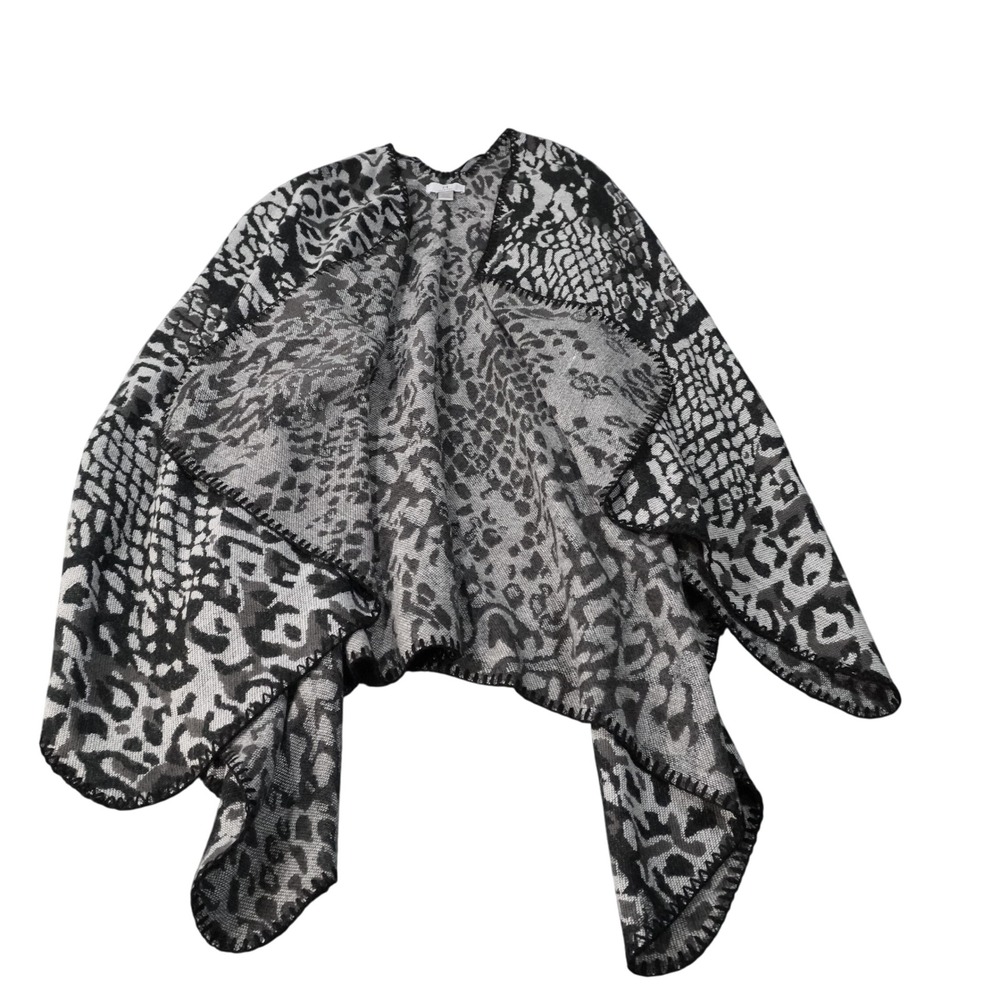 Halston Animal Print Knit Topper Open Front One Size Black Gray Cape Shawl
